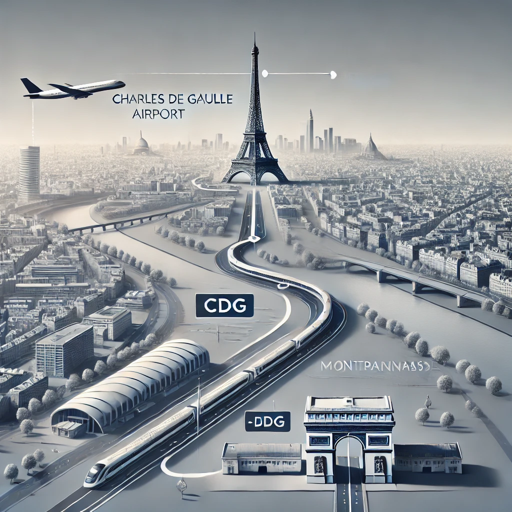 Image illustrant le trajet entre l'aéroport Charles de Gaulle (CDG) et la gare Montparnasse à Paris