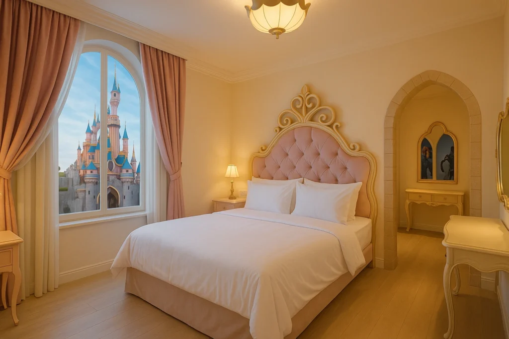 Chambre à thème princesse du Magical Lodge près de Disneyland Paris, avec vue féerique sur le château.