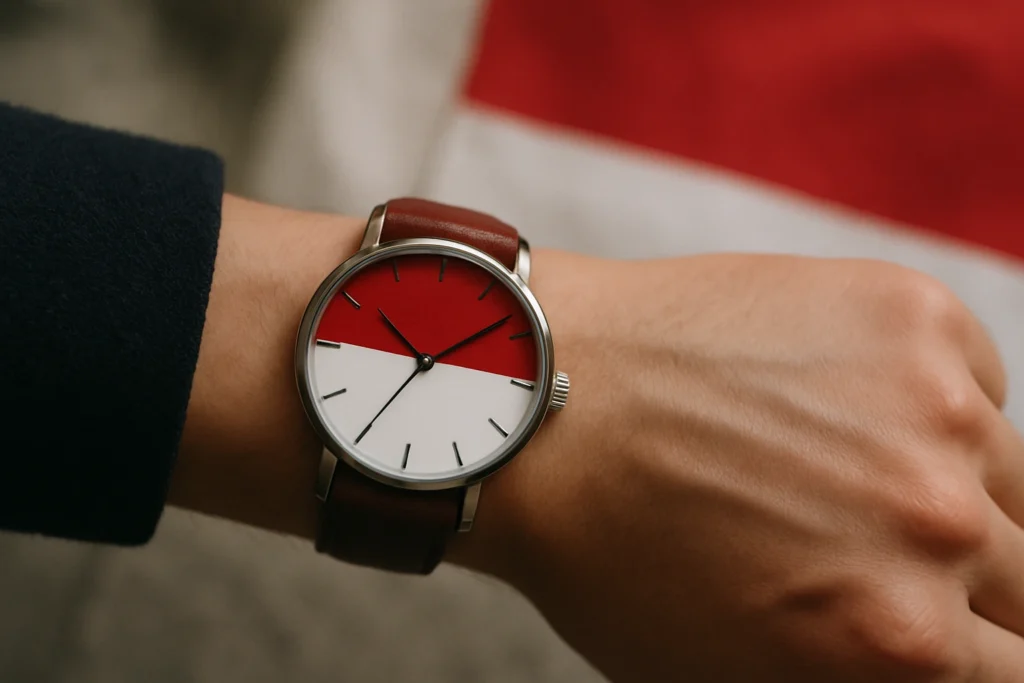 Montre au poignet affichant les couleurs du drapeau indonésien pour illustrer l’heure à Bali et son décalage avec la France