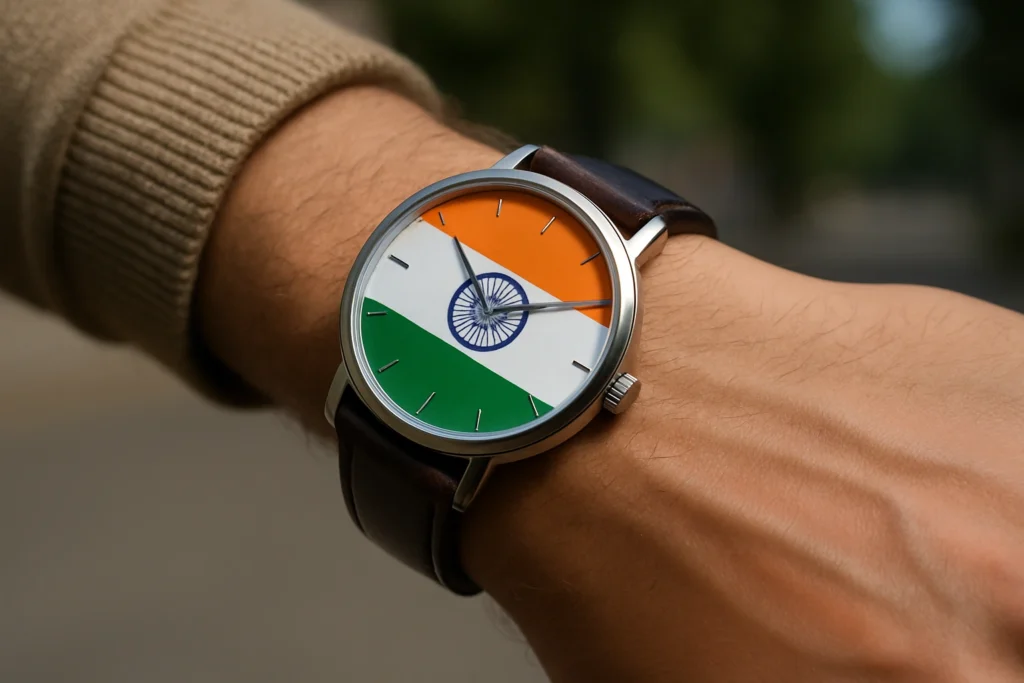 Montre au poignet affichant le drapeau indien pour illustrer l’heure en Inde et son décalage avec la France