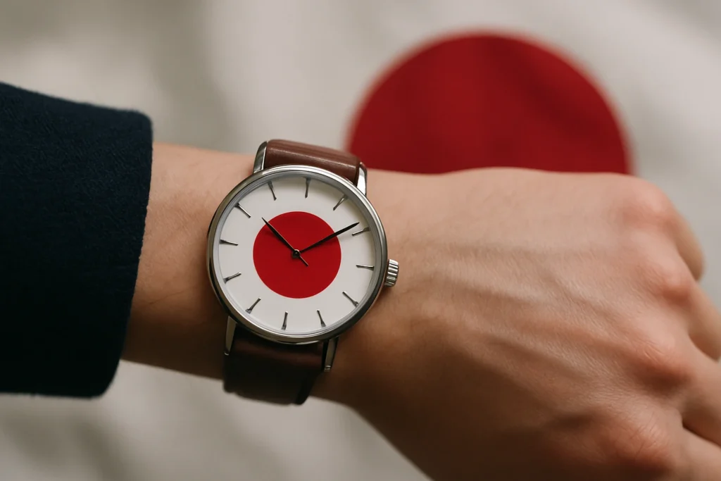 Montre au poignet affichant le drapeau japonais pour illustrer le décalage horaire avec le Japon
