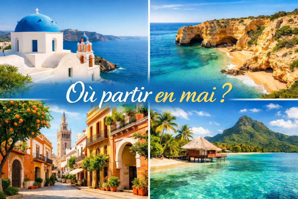 Collage de destinations ensoleillées en mai : îles grecques, Algarve, Séville et lagon tropical